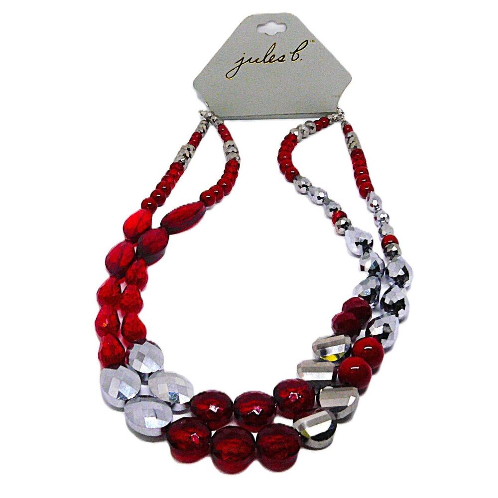 Jules B Faceted Clear & Opaque Red Beads & Silver Tone on 2 Strand Necklace VTG